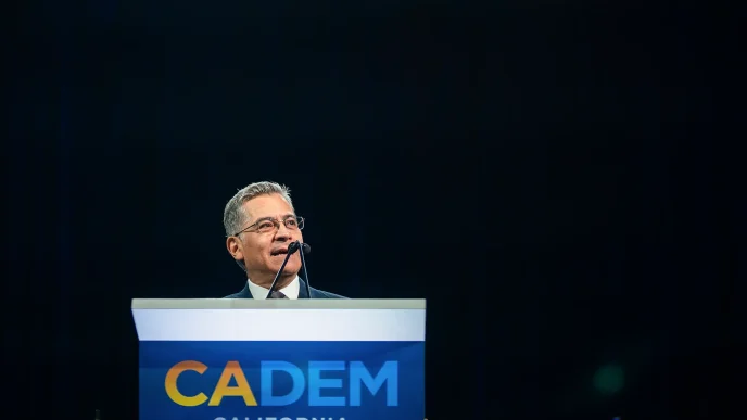 Gubernatorial candidate Xavier Becerra speaks at the California Democratic convention in San Francisco on Feb. 21, 2026.