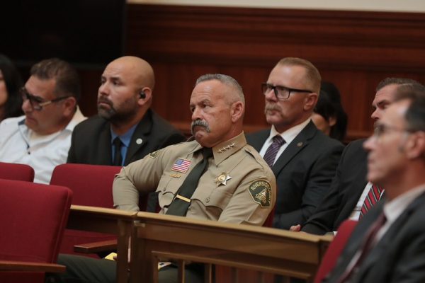 Riverside County Sheriff Chad Bianco observes oral arguments Aug. 24, 2026, in San Francisco as the California Supreme Court considers two lawsuits challenging his investigation into alleged election law violations.