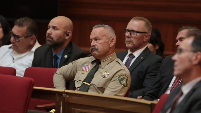 Riverside County Sheriff Chad Bianco observes oral arguments Aug. 24, 2026, in San Francisco as the California Supreme Court considers two lawsuits challenging his investigation into alleged election law violations.
