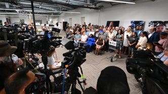 The Eaton Fire Survivors Network hosts a press conference July 24, 2026, in Altadena.