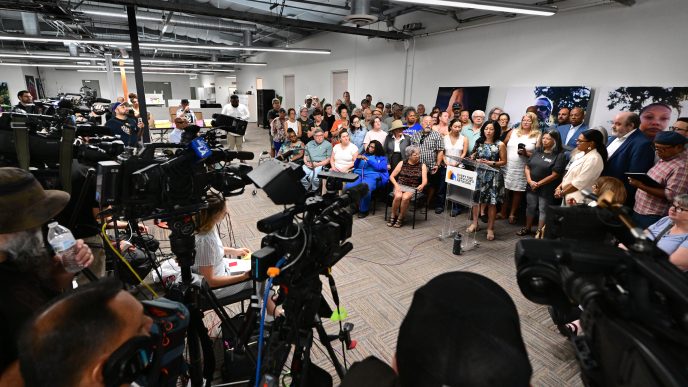 The Eaton Fire Survivors Network hosts a press conference July 24, 2026, in Altadena.