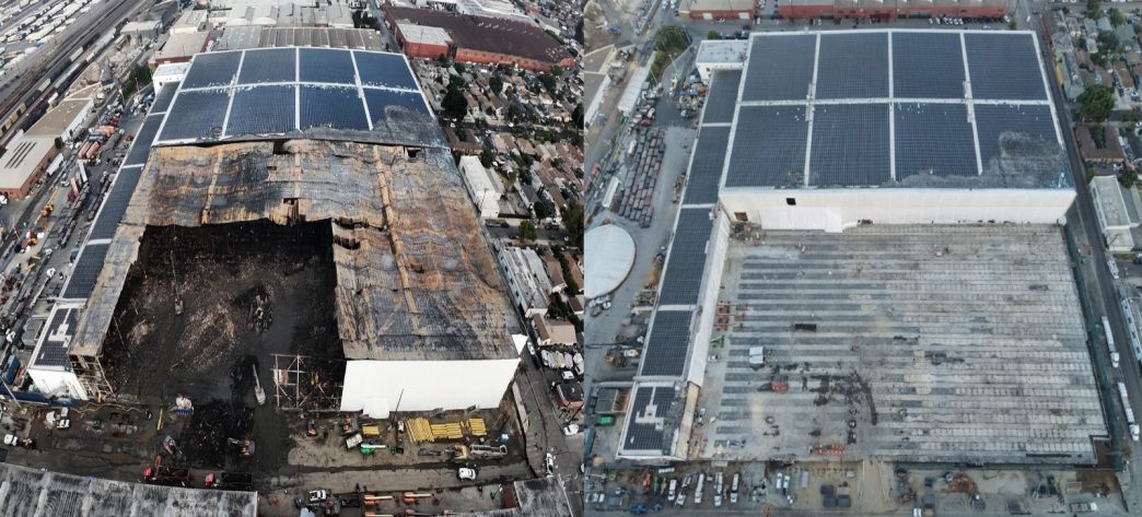 Aerial photos show the burned warehouse with tons of rotting food on July 13, at left, and on Aug. 11 after cleanup work following the weeklong blaze in June.
