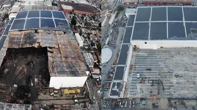 Aerial photos show the burned warehouse with tons of rotting food on July 13, at left, and on Aug. 11 after cleanup work following the weeklong blaze in June.