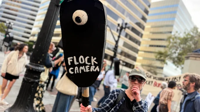 California lawmakers have tried and failed five times since 2022 to regulate technology that tracks license plates. Meanwhile, a national backlash against the tech has gained momentum. A protester holds a sign while demonstrating on the corner of Broadway and 14th Street in Oakland on Aug. 20, 2026. Protesters gathered to call for a ban on automated license plate reader technology.