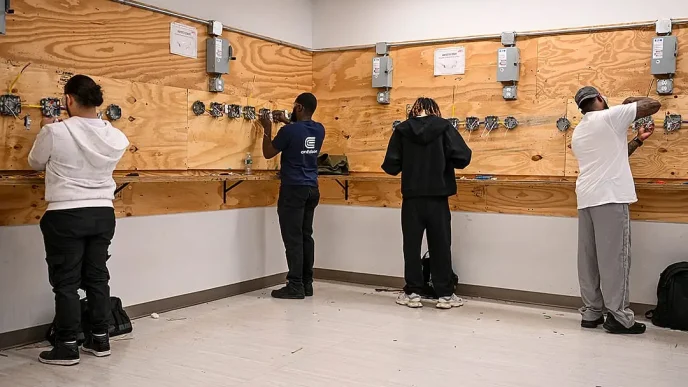 Students participate in an Advanced Electrical program class at Apex Technical School in New York City's Manhattan borough.