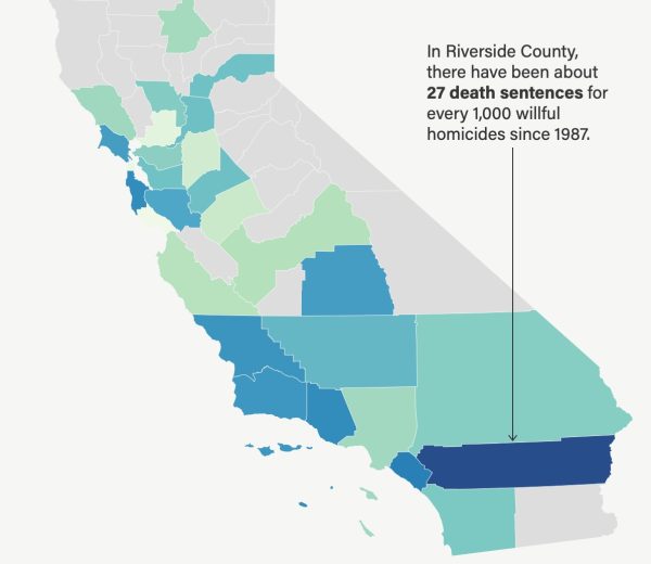 This analysis includes death sentences per 1,000 willful homicides since 1987 for counties with 200,000 or more residents.