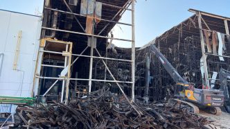 The Lineage Logistics warehouse on July 7, following the massive fire that burned for roughly a week in June.