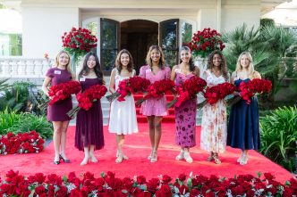 The 2027 Rose Court, from left, Lucy Joyce Wendling, San Marino High School; Tessa Rose Choi, La Cañada High School; Irene Lim Maddox, Eagle Rock High School; Elizabeth Tabaro Kengaju Rweyemamu, Polytechnic School; Daniela Guzman, Arcadia High School; Maria Teresa Monserrat McDonald, Thurgood Marshall Secondary School; and Evita Cielo Bridge, Mayfield Senior School.