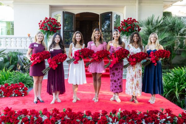 The 2027 Rose Court, from left, Lucy Joyce Wendling, San Marino High School; Tessa Rose Choi, La Cañada High School; Irene Lim Maddox, Eagle Rock High School; Elizabeth Tabaro Kengaju Rweyemamu, Polytechnic School; Daniela Guzman, Arcadia High School; Maria Teresa Monserrat McDonald, Thurgood Marshall Secondary School; and Evita Cielo Bridge, Mayfield Senior School.