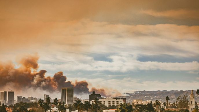 Smoke from the Eaton fire in Altadena is visible from Koreatown in Los Angeles.