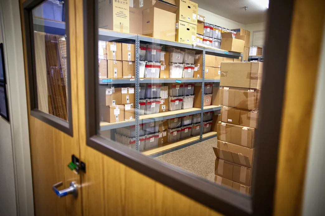 A recently installed lock and seal secures November 2024 and June 2026 election ballots in a room at the Market Street elections office in Redding on Sept. 17, 2026.