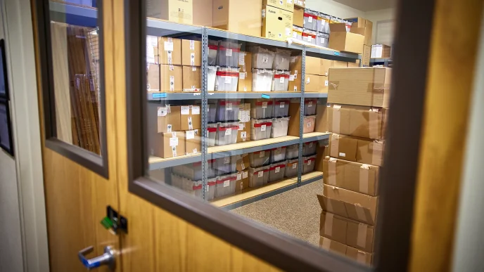 A recently installed lock and seal secures November 2024 and June 2026 election ballots in a room at the Market Street elections office in Redding on Sept. 17, 2026.