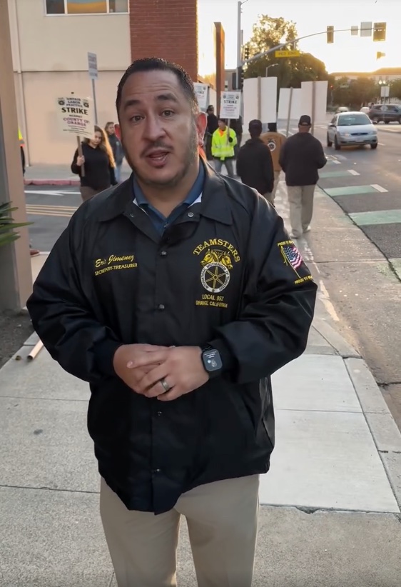 Teamsters Treasurer Eric Jimenez speaks about the strike in a social media video.