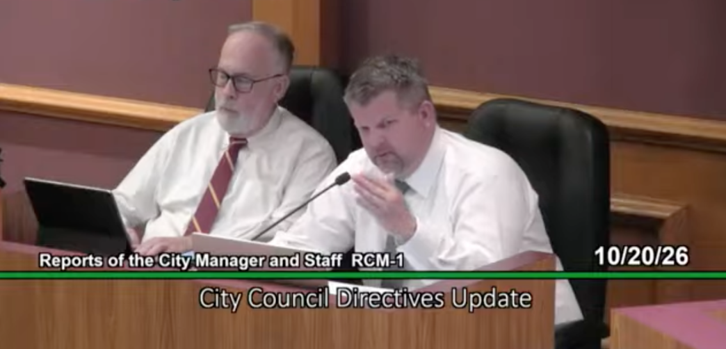 Seated next to Monrovia City Attorney Craig Steele, City Manager Dylan Feik, at right, reports on short-term rental issues at the council meeting Oct. 20, 2026.