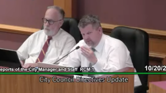 Seated next to Monrovia City Attorney Craig Steele, City Manager Dylan Feik, at right, reports on short-term rental issues at the council meeting Oct. 20, 2026.