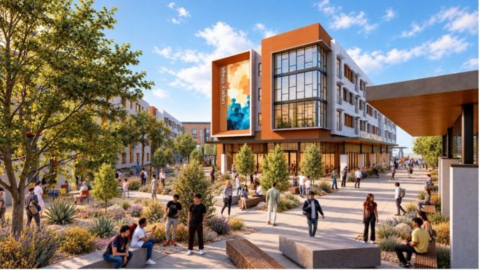 A conceptual rendering depicts the proposed Legacy Village development.