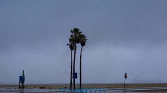 Storm clouds cover the Long Beach coast.