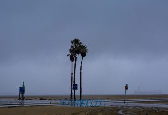 Storm clouds cover the Long Beach coast.