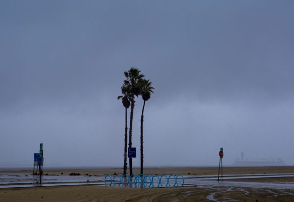 Storm clouds cover the Long Beach coast.