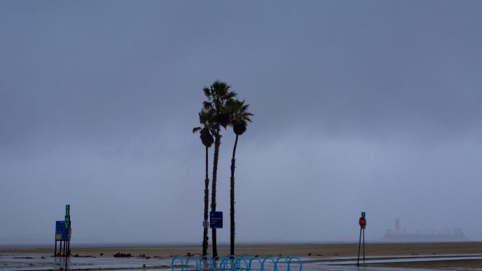 Storm clouds cover the Long Beach coast.